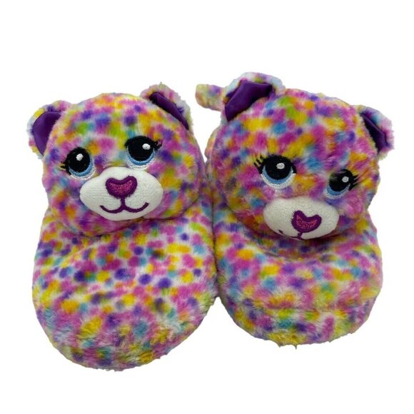 BABW Multi Color Slippers Build A Bear Confetti Plush 3D Head Leopard Cat Sz XL - Picture 1 of 5